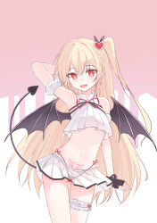 1girl :d absurdres arm_at_side arm_behind_head bare_shoulders benghuai_xueyuan black_gloves blonde_hair blush bridal_garter bright_pupils chinese_commentary commentary cowboy_shot demon_girl demon_tail demon_wings fang femirins_(benghuai_xueyuan) fingerless_gloves gloves gluteal_fold hair_between_eyes hair_ornament happy heart heart-shaped_pupils heart_hair_ornament highleg highleg_panties highres honkai_(series) long_hair looking_at_viewer miniskirt navel one_side_up open_mouth panties pink_background pleated_skirt pubic_tattoo red_eyes red_panties see-through_clothes see-through_skirt simple_background skin_fang skirt smile solo stomach straight_hair symbol-shaped_pupils tail tail_raised tattoo thigh_gap tsurime two-tone_background underwear user_p18459972 very_long_hair white_background white_pupils white_skirt wings