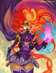 Rule 34 | 1girl, alternate costume, aura, belt, cape, cleavage cutout, clothing cutout, colored skin, dc comics, elbow gloves, elsevilla, fiery hair, gem, gloves, glowing, glowing hair, hair over one eye, highres, leotard, long hair, orange hair, orange skin, pointy ears, solo, starfire, symbol-shaped pupils, teen titans, thighhighs, very long hair