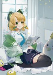 Rule 34 | 1girl, animal ear headphones, animal ears, blonde hair, blue archive, bow, cat ear headphones, couch, eru daydream, fake animal ears, green eyes, hair bow, headphones, highres, indoors, jacket, midori (blue archive), navel, necktie, nintendo switch, on couch, peroro (blue archive), pillow, pout, shirt, short hair, shorts, thighhighs, twitter username, white shirt, window