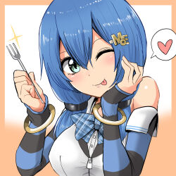 Rule 34 | 1girl, :p, blue hair, closed mouth, detached sleeves, fork, green eyes, hair between eyes, hair ornament, hairclip, heart, highres, holding, holding fork, icetea, long hair, long sleeves, looking at viewer, natashia, natsumi moe, one eye closed, shirt, sleeves past wrists, smile, speech bubble, spoken heart, tongue, tongue out, virtual youtuber, white shirt