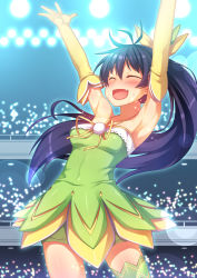 Rule 34 | 1girl, :d, ^ ^, antenna hair, armpits, arms up, black hair, blush, closed eyes, elbow gloves, closed eyes, fang, ganaha hibiki, gloves, happy, idolmaster, idolmaster (classic), lens flare, long hair, open mouth, ponytail, racer (magnet), smile, solo, sweat, vital sunflower