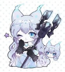 Rule 34 | 1girl, absurdres, azur lane, black gloves, blue eyes, chibi, closed mouth, commission, enforcer vi combination (azur lane), full body, gloves, grey hair, hands up, highres, holding, holding staff, long hair, looking at viewer, omuyan, one eye closed, second-party source, siren (azur lane), smile, solo, staff, star (symbol), very long hair, white hair