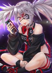 Rule 34 | 1girl, absurdres, bare shoulders, black footwear, black jacket, black shirt, black socks, blouse, breasts, can, clothes writing, collarbone, commentary, dive to zone, eyepatch, grey hair, gu li, hair over one eye, headphones, highres, holding, holding can, jacket, long hair, long sleeves, looking at viewer, medium breasts, multicolored footwear, red eyes, red footwear, red shorts, shirt, shorts, sitting, socks, solo, spiked hair, thigh strap, thighs, tongue, tongue out