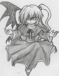 Rule 34 | 1girl, asymmetrical wings, capelet, dress, flying, full body, hair bobbles, hair ornament, kouma bonmaid, long sleeves, looking at viewer, monochrome, ribbon, shaded face, shinki (touhou), side ponytail, single wing, touhou, touhou (pc-98), wings