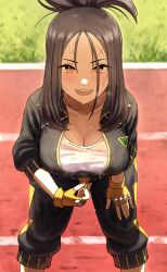 Rule 34 | 1girl, black hair, black jacket, black pants, blush, breasts, brown eyes, cleavage, collarbone, commentary request, creatures (company), dendra (pokemon), fagi (kakikaki), fingerless gloves, forehead, game freak, gloves, grass, highres, jacket, large breasts, long hair, looking at viewer, nintendo, open clothes, open jacket, open mouth, outdoors, pants, pokemon, pokemon sv, scar, scar on face, scar on forehead, shirt, smile, solo, sweat, teacher, teeth, track jacket, track pants, upper teeth only, white shirt, yellow gloves, zipper