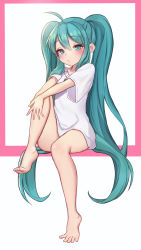 Rule 34 | 1girl, :/, absurdres, ahoge, aqua eyes, aqua hair, bad id, bad pixiv id, barefoot, blush, bottomless, closed mouth, commentary request, expressionless, full body, hair between eyes, hatsune miku, highres, korean commentary, long hair, looking at viewer, partial commentary, pn (wnsl216), shirt, short sleeves, sidelocks, sitting, solo, spread toes, t-shirt, toes, twintails, very long hair, vocaloid, white shirt
