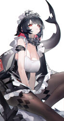 Rule 34 | 1girl, absurdres, arm belt, arms between legs, bare shoulders, black hair, black skirt, breasts, brown pantyhose, chain, cleavage, closed mouth, colored inner hair, ellen joe, fins, fish tail, foot out of frame, frilled skirt, frills, highres, large breasts, looking at viewer, maid, maid headdress, mole, mole under eye, multicolored hair, pantyhose, red eyes, red hair, short hair, simple background, skirt, solo, tail, white background, yushe quetzalli, zenless zone zero