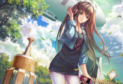 Rule 34 | 10s, 1girl, aircraft, alternate costume, bad id, bad pixiv id, black legwear, black shirt, brown hair, casual, cellphone, clock, cloud, cowboy shot, cropped jacket, day, dirigible, dress, dutch angle, green eyes, headphones, holding, holding phone, idolmaster, idolmaster cinderella girls, infukun, jewelry, leaf, long hair, long sleeves, looking at viewer, necklace, outdoors, pants, phone, shibuya rin, shirt, sky, sleeves rolled up, smartphone, smile, solo, standing, sunlight, tree, very long hair