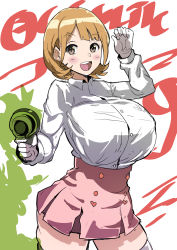 Rule 34 | 10s, 1girl, absurdres, blonde hair, blush, breasts, brown eyes, brown hair, energy gun, female focus, gloves, gun, highres, huge breasts, julioalqae, looking at viewer, miniskirt, narusawa ryouka, occultic;nine, open mouth, ray gun, shirt tucked in, short hair, simple background, skirt, solo, standing, thighs, waitress, weapon, white background, white gloves