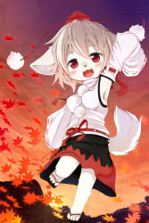 Rule 34 | 1girl, :3, animal ears, animal hands, blush, cloud, fang, female focus, full body, furrification, furry, furry female, geta, happy, hat, inubashiri momiji, kagerofu, leaf, looking at viewer, open mouth, outdoors, plant, red eyes, sandals, sky, smile, solo, standing, sunset, tail, toes, tokin hat, touhou, white hair, wolf, wolf ears, wolf tail
