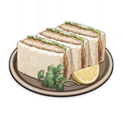 Rule 34 | artist request, bread, commentary, english commentary, flower, food, food focus, fruit, game cg, genshin impact, leaf, lemon, lemon slice, lettuce, lowres, meat, muted color, no humans, official art, parsley, plate, raw fish, sandwich, sliced meat, still life, third-party source, tonkatsu, transparent background