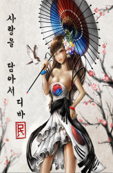 Rule 34 | 1girl, 931015min, alternate costume, bare shoulders, bird, bracelet, branch, breasts, brown eyes, brown hair, cherry blossoms, cleavage, collarbone, cowboy shot, d.va (overwatch), dress, facepaint, facial mark, flag dress, flower, hair flower, hair ornament, hand on own hip, head tilt, highres, holding, holding umbrella, jewelry, korean flag, long hair, looking at viewer, medium breasts, nose, one eye closed, overwatch, overwatch 1, parasol, parted lips, petals, red lips, sleeveless, sleeveless dress, smile, solo, translation request, umbrella, whisker markings, white dress