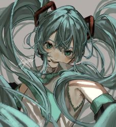Rule 34 | 1girl, a (phrase), aqua eyes, aqua hair, aqua necktie, bare shoulders, detached sleeves, grey background, hair between eyes, hair ornament, hatsune miku, light blush, long hair, looking at viewer, necktie, one-hour drawing challenge, open mouth, pale skin, sayoko (sayosny2), signature, simple background, smile, solo, twintails, upper body, vocaloid