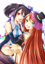 Rule 34 | 1boy, 1girl, asagi (seal47), bad id, bad pixiv id, black hair, blue eyes, blue necktie, detached sleeves, gloves, gothic lolita, green eyes, hat, headset, heterochromia, lolita fashion, long hair, looking back, midriff, mini hat, mini top hat, namine ritsu, navel, necktie, open mouth, outstretched arm, reaching, red eyes, red hair, top hat, trap, twintails, utau, vocaloid, yokune ruko