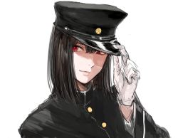 Rule 34 | 10s, 1girl, akitsu maru (kancolle), black hair, gloves, hand to hat, hat, highres, kantai collection, looking at viewer, osakana (denpa yun&#039;yun), red eyes, simple background, smile, solo, uniform, white background, white gloves