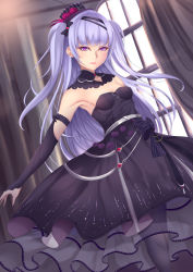 Rule 34 | 1girl, ajax (azur lane), alcohol, alternate costume, armpits, azur lane, bad id, bad pixiv id, bare shoulders, black bow, black dress, black footwear, black hat, blush, bow, breasts, bridal gauntlets, cowboy shot, curtains, day, dress, floating hair, flower, gem, hair bow, hat, hat flower, head tilt, highres, indoors, long hair, long sleeves, mini hat, mini top hat, nail polish, pantyhose, parted lips, purple eyes, purple flower, purple hair, purple pantyhose, purple rose, red gemstone, rose, shiro usagi, small breasts, smile, strapless, strapless dress, striped clothes, striped headwear, tilted headwear, top hat, tsurime, two side up, vertical-striped clothes, vertical-striped headwear, vertical-stripes, very long hair, window, wine