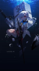 Rule 34 | 1girl, bubble, closers, gun, highres, red eyes, school uniform, solo, swd3e2, tina (closers), underwater, weapon, white hair