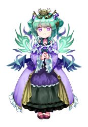 Rule 34 | 1girl, aqua hair, astaroth (p&amp;d), bell line gown, blue bow, bow, choker, collarbone, dress, feathered wings, feet together, frilled dress, frilled sleeves, frills, full body, gown, hair ornament, k (shinya90), long sleeves, low wings, multiple wings, open mouth, own hands clasped, own hands together, pigeon-toed, purple dress, purple eyes, puzzle &amp; dragons, red footwear, shoes, short hair, smile, solo, tiara, transparent background, white background, wings
