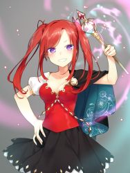 Rule 34 | 1girl, blush, grin, hand on own hip, looking at viewer, magic, original, purple eyes, red hair, short hair, sketch, skirt, smile, solo, tika (mika4975), twintails, wand