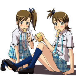 Rule 34 | 2girls, all fours, arm support, brown eyes, brown hair, condom, condom in mouth, condom packet strip, condom wrapper, eating, flipped hair, futami ami, futami mami, idolmaster, idolmaster (classic), lielos, looking at viewer, mouth hold, multiple girls, necktie, plaid, plaid skirt, rough time school, school uniform, short hair, siblings, side ponytail, sisters, sitting, skirt, smile, twins, untied