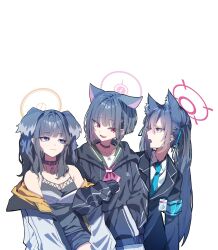 Rule 34 | 3girls, animal ear fluff, animal ears, arm hug, bare shoulders, black choker, black hair, blue archive, blush, breasts, cat ears, choker, closed mouth, dog ears, dog girl, flat chest, halo, hibiki (blue archive), highres, holding another&#039;s arm, hood, jacket, kamiyama sumu, kazusa (blue archive), long sleeves, medium breasts, multiple girls, off shoulder, open clothes, open jacket, open mouth, red eyes, serika (blue archive), simple background, smile, white background