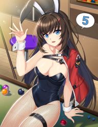 Rule 34 | 1girl, :d, absurdres, animal ears, ball, billiard ball, billiard chalk, billiards, black hairband, black leotard, blue eyes, breasts, brown hair, buckle, chest strap, cleavage, collarbone, collared jacket, counter:side, cue stick, fake animal ears, fishnet pantyhose, fishnets, glint, groin, hair ornament, hairband, hand on table, hand up, head tilt, highleg, highleg leotard, highres, jacket, jacket on shoulders, leaning back, lens flare, leotard, light, long hair, low neckline, medium breasts, numbered, official art, open mouth, pantyhose, playboy bunny, rabbit ears, red jacket, seo yoon, shadow, sidelocks, single bare shoulder, sitting, sitting on table, smile, snap-fit buckle, solo, speech bubble, spread fingers, stool, strapless, thigh strap, very long hair, wrist cuffs