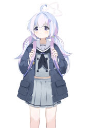 Rule 34 | 1girl, :d, ahoge, backpack, bag, bag charm, beads, black coat, blue archive, blue hair, charm (object), coat, commentary request, cram960, full body, grey skirt, hair beads, hair between eyes, hair bobbles, hair ornament, hair scrunchie, halo, highres, kneehighs, light blue hair, long hair, long sleeves, looking at viewer, low twintails, midriff, midriff peek, multicolored hair, navel, open clothes, open coat, open mouth, pink hair, pleated skirt, purple eyes, purple hair, reisa (blue archive), school uniform, scrunchie, serafuku, shoes, sidelocks, simple background, skirt, smile, sneakers, socks, solo, star (symbol), star hair ornament, streaked hair, symbol-shaped pupils, twintails, two-tone hair, v-shaped eyebrows, white background