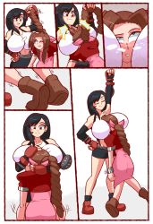 Rule 34 | 2girls, absurdres, aerith gainsborough, bow, braid, breast smother, breasts, brown hair, catfight, cropped jacket, dress, elbow pads, face to breasts, femdom, final fantasy, final fantasy vii, fingerless gloves, gloves, green eyes, hair ribbon, hand on own hip, highres, huge breasts, long hair, multiple girls, netto-painter, pencil skirt, pink bow, pink dress, ribbon, skirt, suspender skirt, suspenders, tank top, tifa lockhart, white tank top, yuri