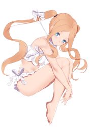 Rule 34 | 1girl, abigail williams (fate), abigail williams (swimsuit foreigner) (fate), abigail williams (swimsuit foreigner) (third ascension) (fate), bare shoulders, barefoot, bikini, blonde hair, blue eyes, bow, breasts, breath, fate/grand order, fate (series), forehead, hair bow, highres, jilu, legs, long hair, miniskirt, navel, parted bangs, sidelocks, simple background, skirt, small breasts, solo, swimsuit, twintails, very long hair, white bikini, white bow