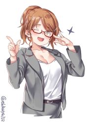 Rule 34 | 1girl, alternate costume, aquila (kancolle), bespectacled, blush, breasts, cleavage, commentary request, contemporary, ebifurya, glasses, grey jacket, grey pants, hair between eyes, hair ornament, hairclip, high ponytail, highres, jacket, kantai collection, large breasts, long hair, looking to the side, multiple girls, one eye closed, open mouth, orange hair, pants, pointing, red-framed eyewear, semi-rimless eyewear, shirt, simple background, solo, twitter username, wavy hair, white background, white shirt, yellow eyes