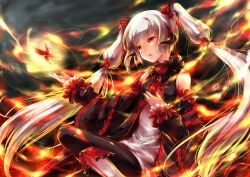 1girl bare_shoulders boots borrowed_character bug butterfly detached_sleeves fire flower horns insect long_hair pixiv_fantasia pixiv_fantasia_5 red_eyes red_flower red_rose rose solo twintails white_hair yukihomu