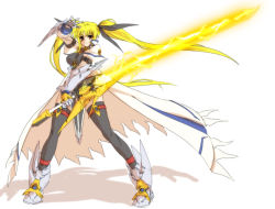 Rule 34 | 00s, 1girl, adapted costume, alternate weapon, armor, bardiche (nanoha), blonde hair, energy sword, fate testarossa, gloves, lightning, long hair, lyrical nanoha, mahou shoujo lyrical nanoha, mahou shoujo lyrical nanoha strikers, nekomamire, red eyes, solo, sword, thighhighs, twintails, very long hair, weapon
