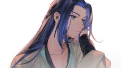Rule 34 | 1boy, aqua eyes, bean mr12, blue hair, expressionless, hand up, long hair, simple background, solo, luo xiaohei zhanji, upper body, watermark, web address, white background, wuxian (the legend of luoxiaohei)