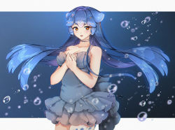 Rule 34 | 1girl, absurdres, artist name, bao (vtuber), bao (vtuber) (1st costume), blue hair, breasts, bubble, cleavage, commentary, dress, english commentary, floating hair, grey dress, hair between eyes, highres, indie virtual youtuber, liquid hair, long hair, looking at viewer, medium breasts, own hands together, shizukodesu, solo, underwater, very long hair, virtual youtuber