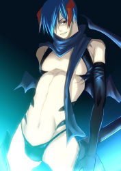 Rule 34 | 1boy, bat wings, blue hair, elbow gloves, gloves, horns, hoshita, kaito (vocaloid), looking at viewer, male focus, red eyes, scarf, simple background, solo, tagme, thong, underwear, vocaloid, wings