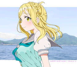 Rule 34 | 1girl, :3, aqua neckerchief, blonde hair, blue sky, blush, braid, breasts, commentary, crown braid, dated, from side, green vest, grey sailor collar, happy birthday, highres, jenny (je2live), large breasts, letterboxed, looking at viewer, looking to the side, love live!, love live! sunshine!!, mountain, neckerchief, ocean, ohara mari, outside border, sailor collar, school uniform, serafuku, shirt, single hair ring, sky, solo, summer uniform, upper body, uranohoshi school uniform, vest, white shirt, yellow eyes