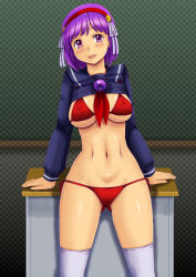 Rule 34 | 1girl, asamiya athena, bikini, blush, breasts, cameltoe, cleavage, cleft of venus, clothes lift, covered erect nipples, desktop, highres, large breasts, looking at viewer, navel, open mouth, purple eyes, purple hair, red bikini, school uniform, short hair, smile, snk, sweat, swimsuit, the king of fighters, thighhighs, thighs, toned, tsumitani daisuke
