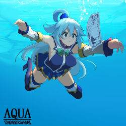 Rule 34 | 1girl, absurdres, album cover, album cover redraw, aqua (konosuba), bare shoulders, blue eyes, blue footwear, blue hair, blue shirt, blue skirt, boots, bow, bowtie, breasts, breasts apart, closed mouth, cover, derivative work, detached sleeves, green bow, green bowtie, hair between eyes, hair ornament, hair rings, high heel boots, high heels, highres, kono subarashii sekai ni shukufuku wo!, large breasts, long hair, medium breasts, miniskirt, momio, money, nevermind, nirvana (band), outstretched arms, parody, pout, shirt, skirt, sleeveless, sleeveless shirt, solo, thigh boots, thighhighs, thighs, unaligned breasts, underwater, yen