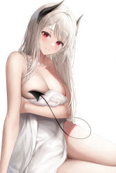 Rule 34 | 1girl, absurdres, black horns, blush, breasts, cleavage, closed mouth, collarbone, covering privates, covering breasts, demon girl, demon horns, demon tail, eyelashes, highres, horns, large breasts, long hair, looking at viewer, lying, naked towel, on side, original, red eyes, simple background, smile, solo, tail, tail censor, thighs, torrentduck, towel, very long hair, white background, white hair