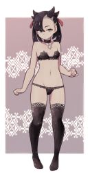 Rule 34 | 1girl, asymmetrical bangs, asymmetrical hair, bad id, bad pixiv id, bare arms, bare shoulders, black bra, black hair, black panties, black thighhighs, border, bra, breasts, choker, closed mouth, collarbone, creatures (company), earrings, full body, game freak, green eyes, hair ribbon, highres, jewelry, lamb-oic029, marnie (pokemon), navel, nintendo, panties, pokemon, pokemon swsh, purple background, ribbon, small breasts, solo, standing, strapless, swept bangs, thighhighs, twintails, underwear, underwear only, white border