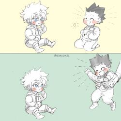 Rule 34 | 2boys, blue background, blue eyes, child, closed eyes, gon freecss, goodbye, green hair, hands on own chest, happy, highres, holding, holding baby, hood, hoodie, hunter x hunter, killua zoldyck, looking at another, male focus, multiple boys, noyaspjs, pocket, short hair, signature, simple background, sitting, smile, toddler, white background, white hair