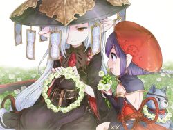Rule 34 | 2girls, :d, akane (akane imas), bad id, bad twitter id, bandages, black dress, black headwear, blush, bridal gauntlets, closed mouth, commentary request, copyright request, dress, eyepatch, flower, flower wreath, hair over one eye, hair ribbon, hat, holding, holding flower, long hair, long sleeves, low-tied long hair, multiple girls, open mouth, pointy ears, profile, purple eyes, purple hair, red headwear, ribbon, short hair, silver hair, smile, stuffed animal, stuffed cat, stuffed toy, very long hair, white background, wide sleeves