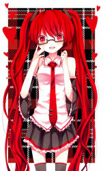 Rule 34 | 1girl, adjusting eyewear, alternate color, alternate hair color, bad id, bad pixiv id, bespectacled, detached sleeves, glasses, hatsune miku, heart, long hair, nakatambo, nakatanbo, necktie, open mouth, plaid, plaid background, red eyes, red hair, skirt, smile, solo, thighhighs, twintails, very long hair, vocaloid, zettai ryouiki
