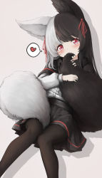 Rule 34 | 1girl, absurdres, alice mana, alice mana channel, animal ears, black capelet, black hair, black pantyhose, black skirt, blush, capelet, covering own mouth, fox ears, fox tail, grey background, heart, highres, holding, holding with tail, long hair, multicolored hair, multiple tails, pantyhose, prehensile tail, red eyes, shirt, silver hair, simple background, sitting, skirt, solo, split-color hair, spoken heart, summoo, tail, two-tone hair, two tails, virtual youtuber, white shirt