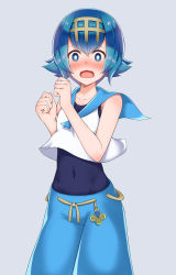 Rule 34 | 1girl, blue eyes, blue hair, blue pants, blue sailor collar, blush, bright pupils, clothes lift, covered navel, cowboy shot, creatures (company), crop top, etan14, full-face blush, game freak, hairband, highres, lana (pokemon), looking at viewer, matching hair/eyes, nintendo, one-piece swimsuit, open mouth, pants, pokemon, pokemon sm, sailor collar, shirt, shirt lift, short hair, simple background, sleeveless, sleeveless shirt, solo, swimsuit, swimsuit under clothes, trial captain, wavy mouth, wind, wind lift