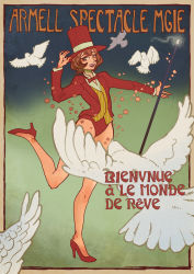 Rule 34 | 1girl, bird, brown hair, french text, hat, highres, jacket, leotard, magician, pigeon, red jacket, red leotard, top hat