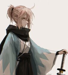 Rule 34 | 1girl, ahoge, black scarf, blonde hair, closed mouth, commentary request, fate/grand order, fate (series), haori, highres, holding, holding sword, holding weapon, japanese clothes, katana, kimono, koha-ace, looking at viewer, okita souji (fate), okita souji (koha-ace), profile, scarf, shinsengumi, short hair, short ponytail, sidelocks, signature, simple background, solo, sword, weapon, white background, wide sleeves, yellow eyes, yumeko (fgo39625963)