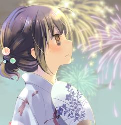 Rule 34 | 1girl, ahoge, blurry, blurry background, blush, brown hair, closed mouth, commentary request, crying, crying with eyes open, depth of field, dragonfly print, fireworks, from side, hair ornament, hand fan, holding, holding fan, japanese clothes, kimono, kuga tsukasa, original, outdoors, paper fan, short hair, sideways mouth, solo, tears, uchiwa, white kimono