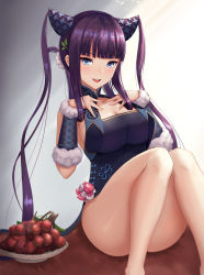 Rule 34 | 1girl, abeen jhong, absurdres, bare shoulders, black dress, blue eyes, blunt bangs, blush, breasts, china dress, chinese clothes, cleavage, detached sleeves, dress, fate/grand order, fate (series), gradient background, hair ornament, hands on own chest, highres, knees up, large breasts, leaf hair ornament, long hair, looking at viewer, lychee, open mouth, plate, purple hair, side slit, sidelocks, sitting, smile, solo, thighs, twintails, very long hair, yang guifei (fate), yang guifei (second ascension) (fate)