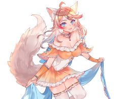 Rule 34 | 1girl, :d, ahoge, animal ear fluff, bare shoulders, blue bow, blue eyes, blush, bow, braid, breasts, commentary, commission, english commentary, fox tail, hair bow, highres, jewelry, large breasts, looking at viewer, miniskirt, multicolored hair, necklace, open mouth, orange skirt, original, pink hair, sarong, short sleeves, simple background, skirt, smile, solo, streaked hair, tail, thighhighs, white background, white thighhighs, yun-yang